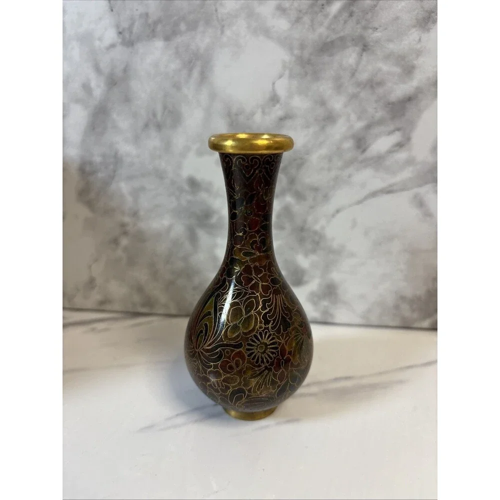 Cloisonné vase brown, burgundy, black floral 4